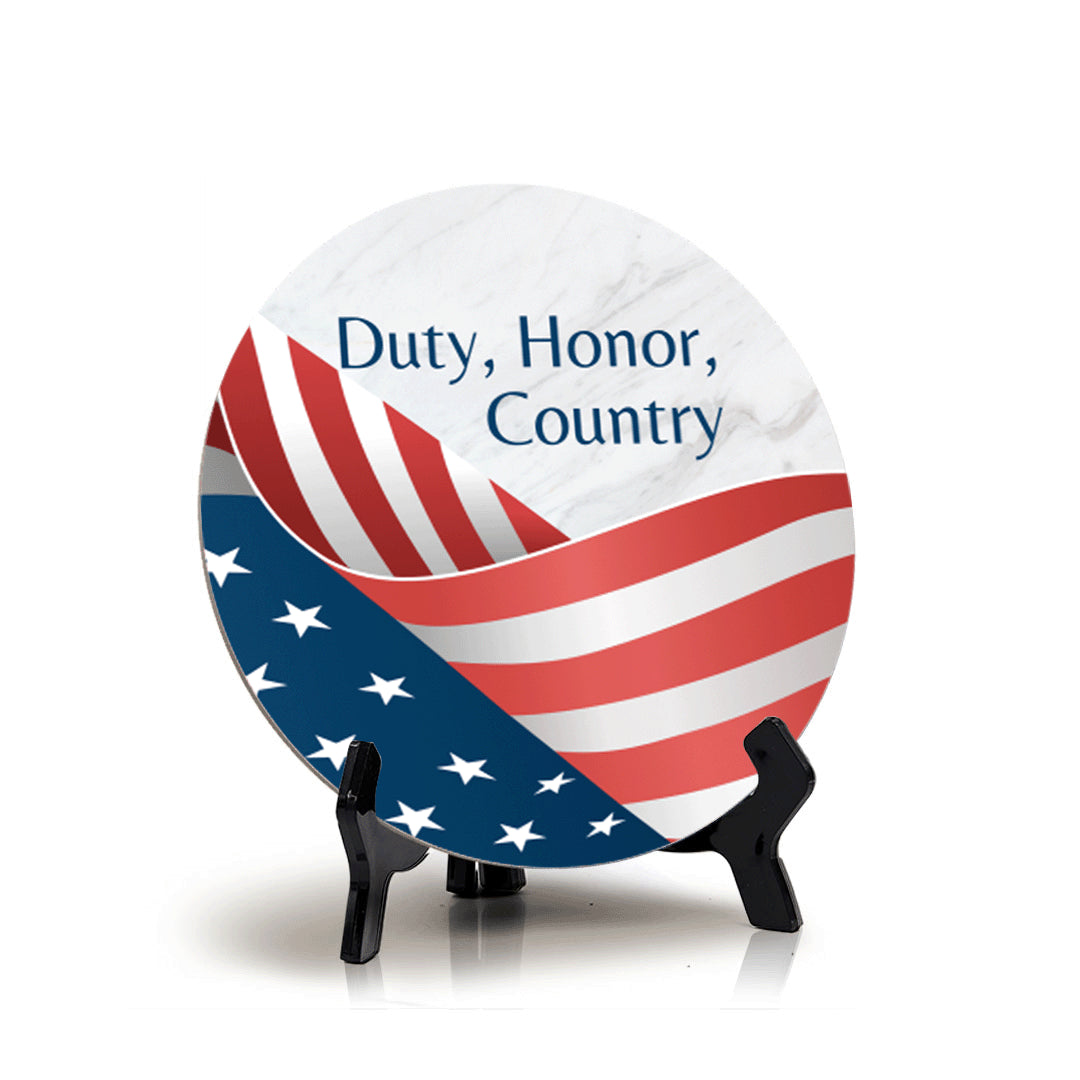 Duty, Honor, Country (5 x 5“) Circle Table Sign with Acrylic Stand | American Pride Decoration