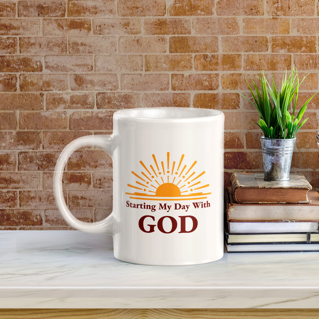 Starting My Day With God 11oz Plastic/Ceramic Coffee Mug Office And Home | Religious Sayings | Family And Friends