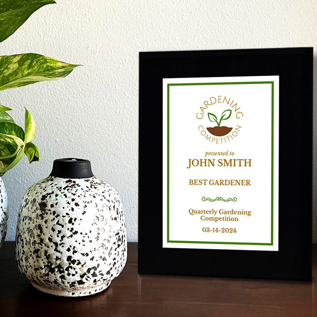 Gardening Competition Customizable Black Frame Award Plaque | Easel Mount Option | Achievement and Recognition Personalizable Plaques