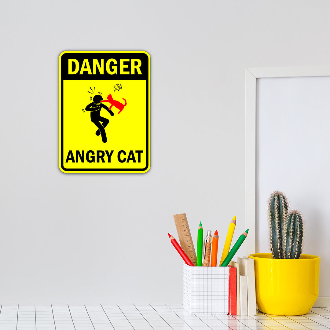 Portrait Round Plus Danger Angry Cat Door or Wall Sign | Funny Warning Sign For Decoration