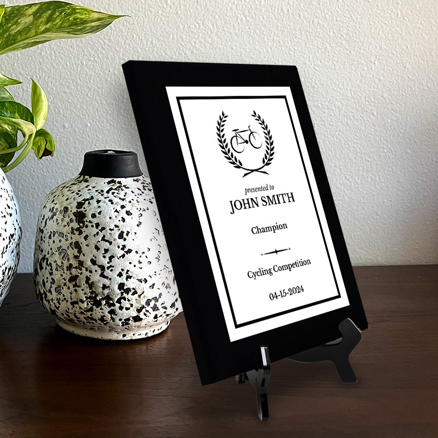 Cycling Customizable Black Frame Wooden Award Plaque | Easel Mount Option | Achievement and Recognition Personalizable Plaques