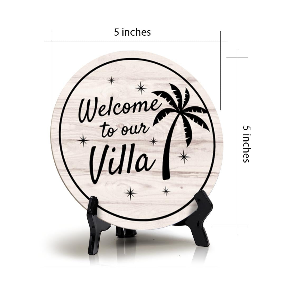 Signs ByLITA Circle Welcome to Our Villa Wood Color, Entrance Decor Table Sign (5"x5")