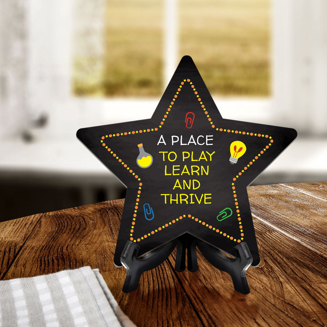 Sign ByLITA A Place to Play, Learn, and Thrive Star Table Sign with Acrylic Stand (7.5x7.5“) Development | Kindergarten Classroom Essentials | Nurture Young Minds | Fun & Educational Supplies | Easy to Read | Includes Easel Stand