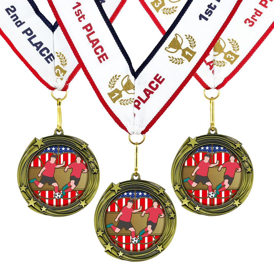 All Quality Soccer Swirling Stars Design Medal - 1st, 2nd, 3rd Place