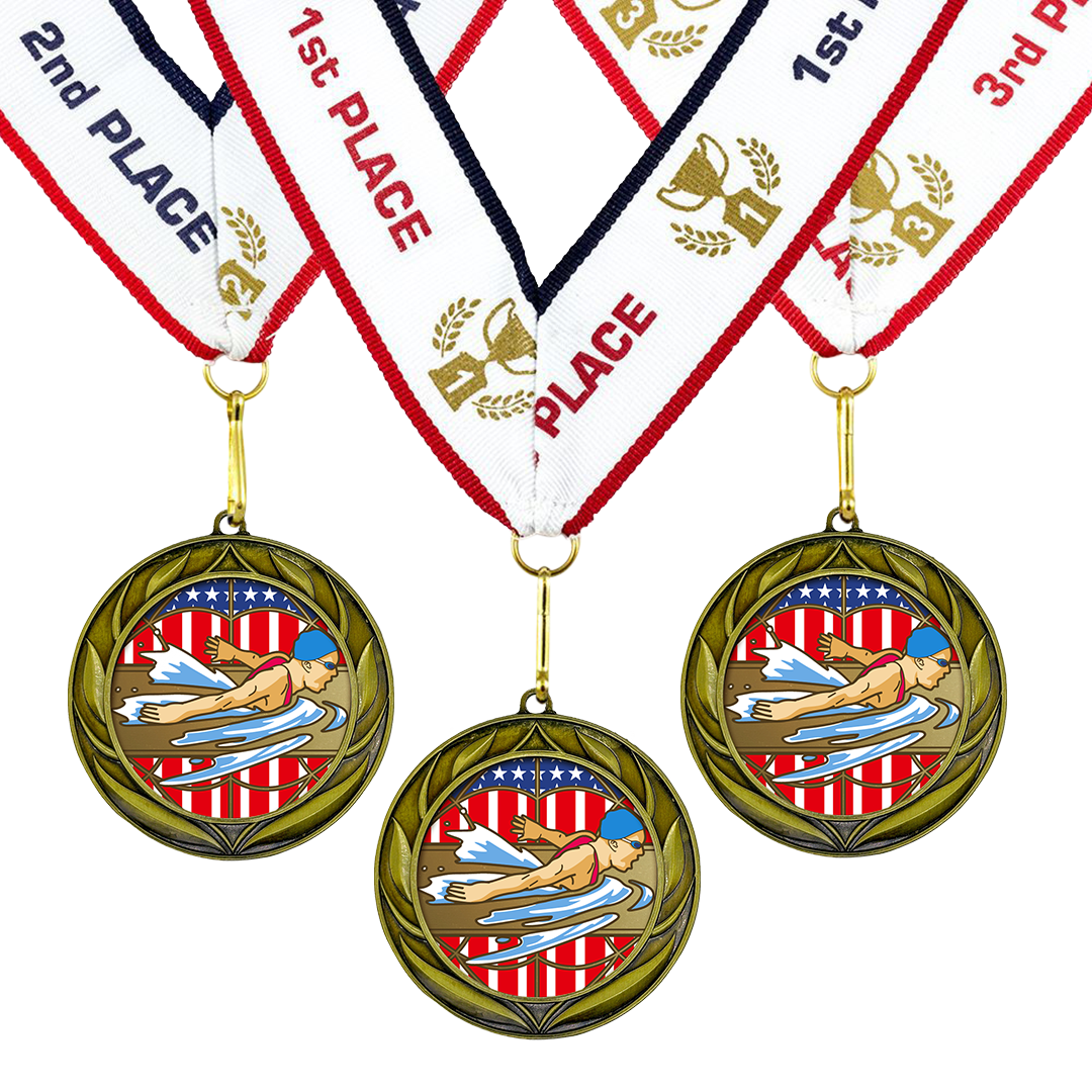 All Quality Swimming Wreath Design Medal - 1st, 2nd, 3rd Place