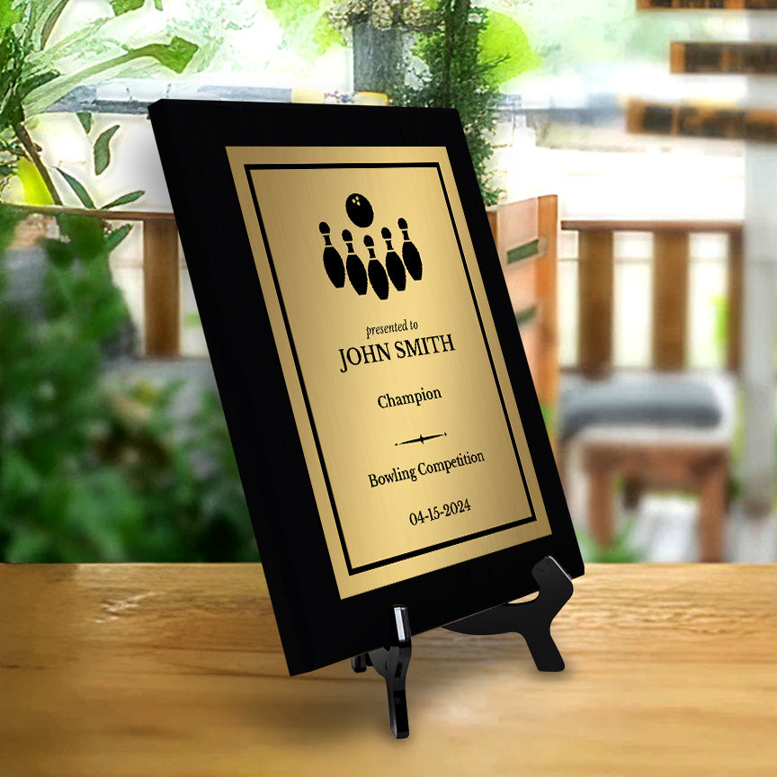 Bowling Customizable Black Frame Wooden Award Plaque | Easel Mount Option | Achievement and Recognition Personalizable Plaques