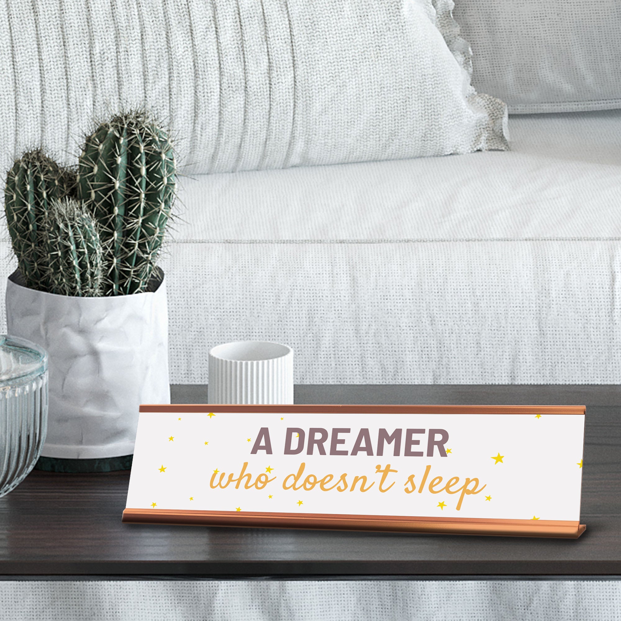 Signs ByLITA A Dreamer Who Doesn’t Sleep, Gold Frame, Desk Sign (2x8)