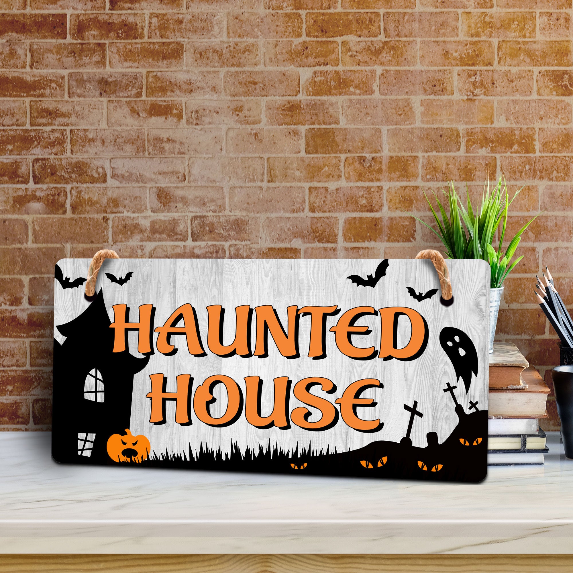 Haunted House 5x10 Hanging Plus Wall or Door Sign | Rustic Twined | Spooky Halloween Decoration