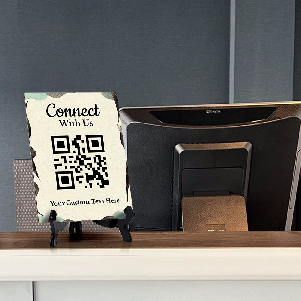 Customizable Connect With Us QR Code Table Sign (6x8") | Personalized QR Code Sign | Stylish Review Request Sign for Businesses With Acrylic Stand