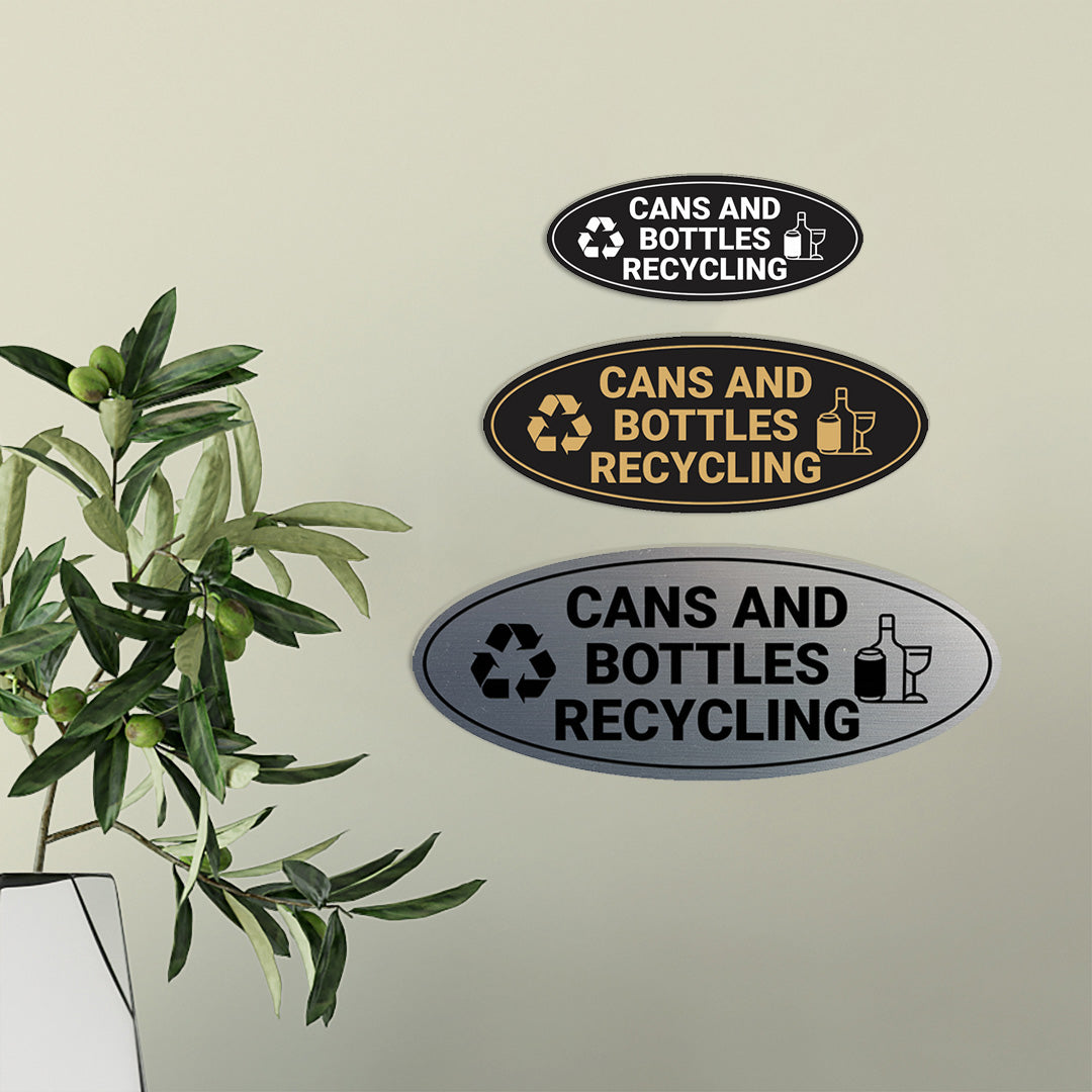 Signs ByLITA Oval Cans and bottles recycling Sign - Laser-Engraved Lettering | Durable ABS Plastic | Vibrant Colors | Powerful Foam Tape