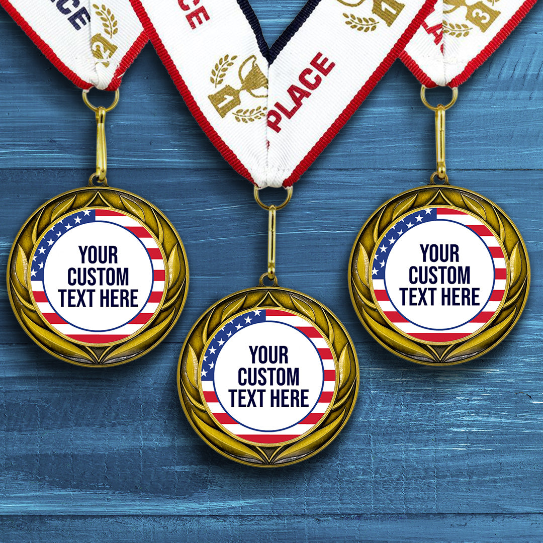 USA Flag Custom Personalized Wreath Design Medal | Choice of Ribbon | Patriotic Personalized Award