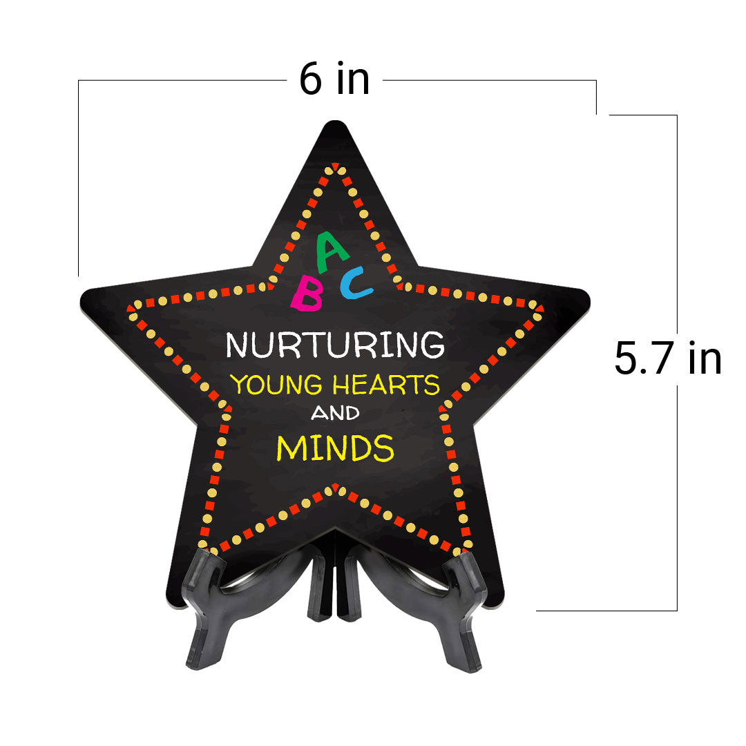 Signs ByLITA Nurturing Young Hearts and Minds Star Table Sign with Acrylic Stand (7.5x7.5“) Development | Kindergarten Classroom Essentials | Nurture Young Minds | Fun & Educational Supplies | Easy to Read | Includes Easel Stand