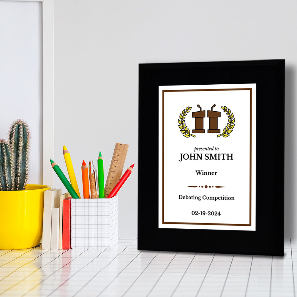 Debating and Model Diplomacy Theme Customizable Black Frame Award Plaque | Easel Mount Option | Achievement and Service Personalizable Plaques