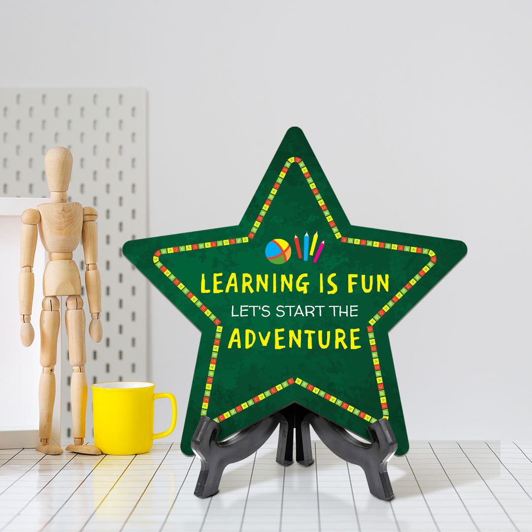 Sign ByLITA Learning is Fun, Let's Start the Adventure Star Table Sign with Acrylic Stand (7.5x7.5“) Development | Kindergarten Classroom Essentials | Nurture Young Minds | Fun & Educational Supplies | Easy to Read | Includes Easel Stand