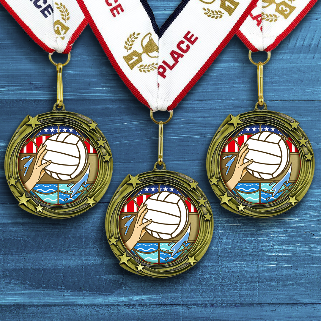 All Quality Water Polo Swirling Stars Design Medal - 1st, 2nd, 3rd Place