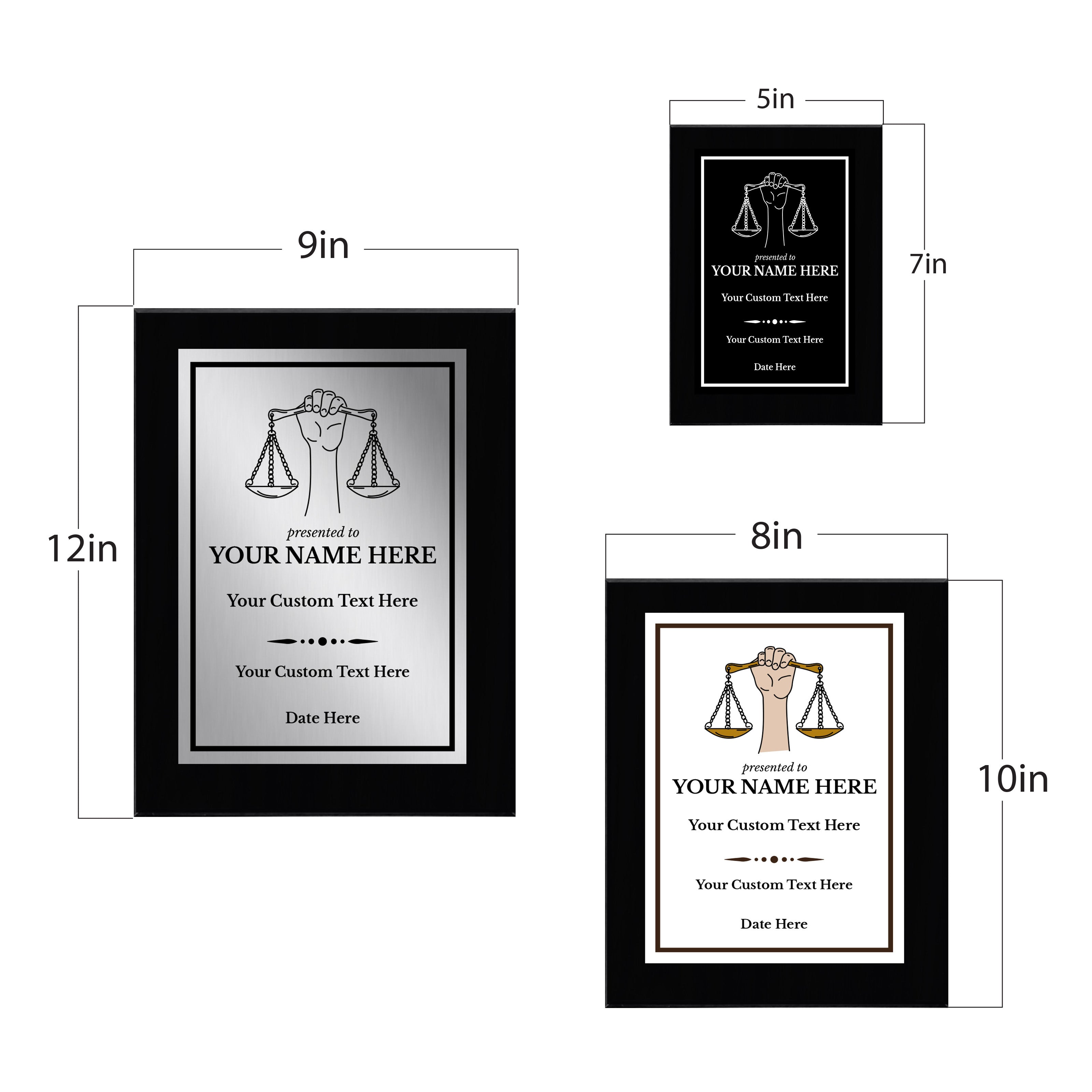 Legal and Justice Theme Customizable Black Frame Award Plaque | Easel Mount Option | Achievement and Service Personalizable Plaques