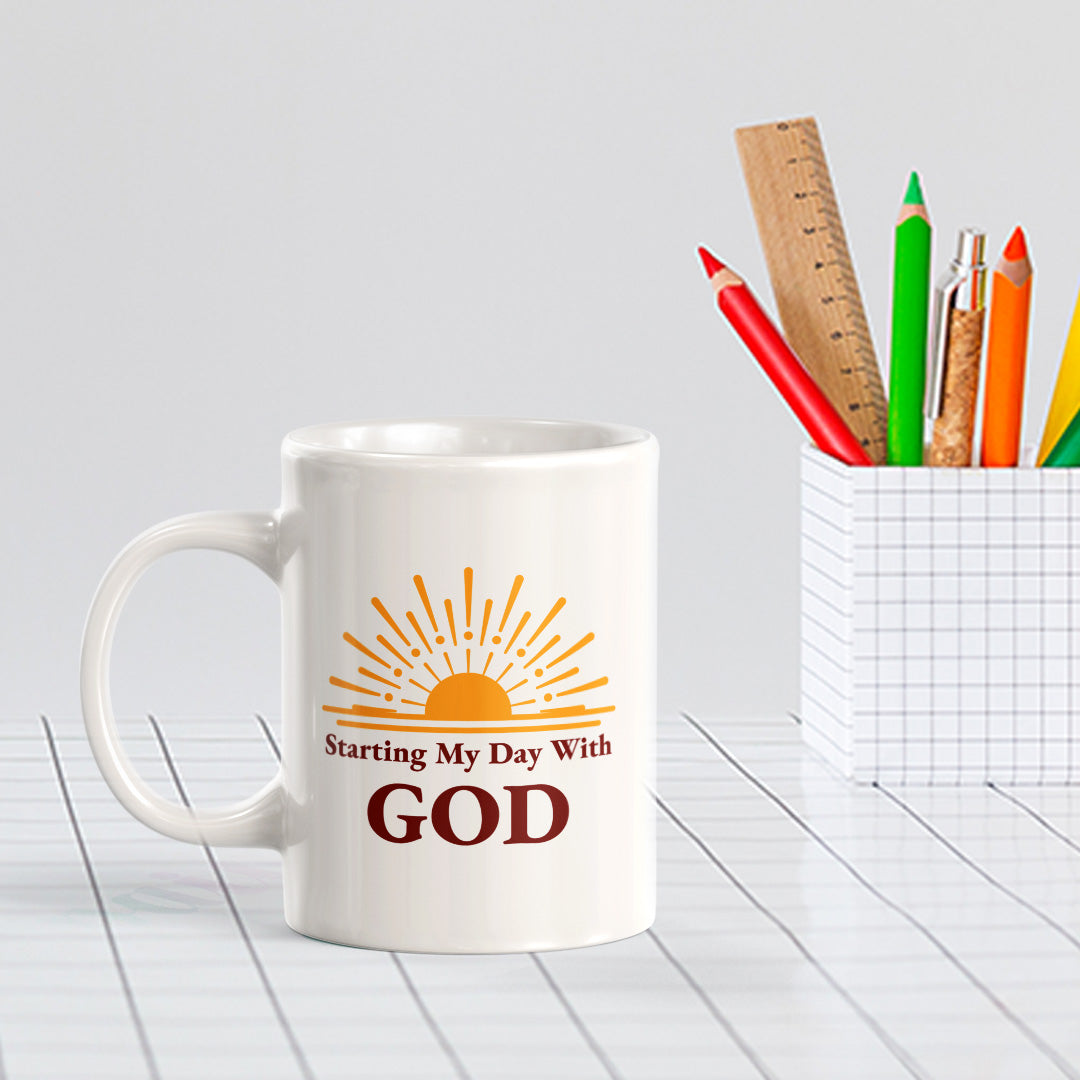 Starting My Day With God 11oz Plastic/Ceramic Coffee Mug Office And Home | Religious Sayings | Family And Friends