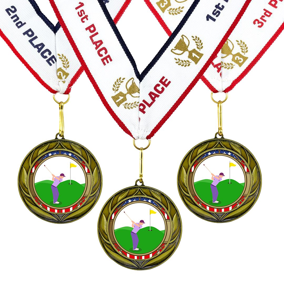 All Quality Golf Wreath Design Medal - 1st, 2nd, 3rd Place