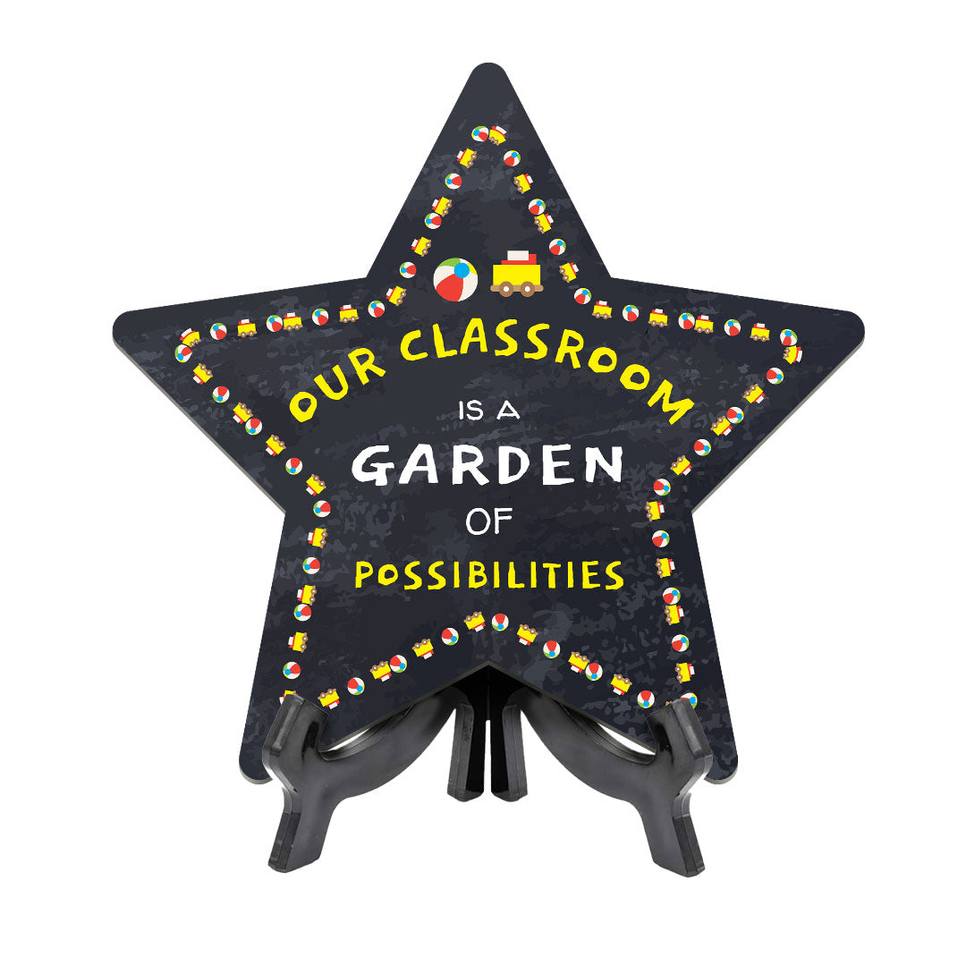 Signs ByLITA Our Classroom is a Garden of Possibilities Star Table Sign with Acrylic Stand (7.5x7.5“) Development | Kindergarten Classroom Essentials | Nurture Young Minds | Fun & Educational Supplies | Easy to Read | Includes Easel Stand