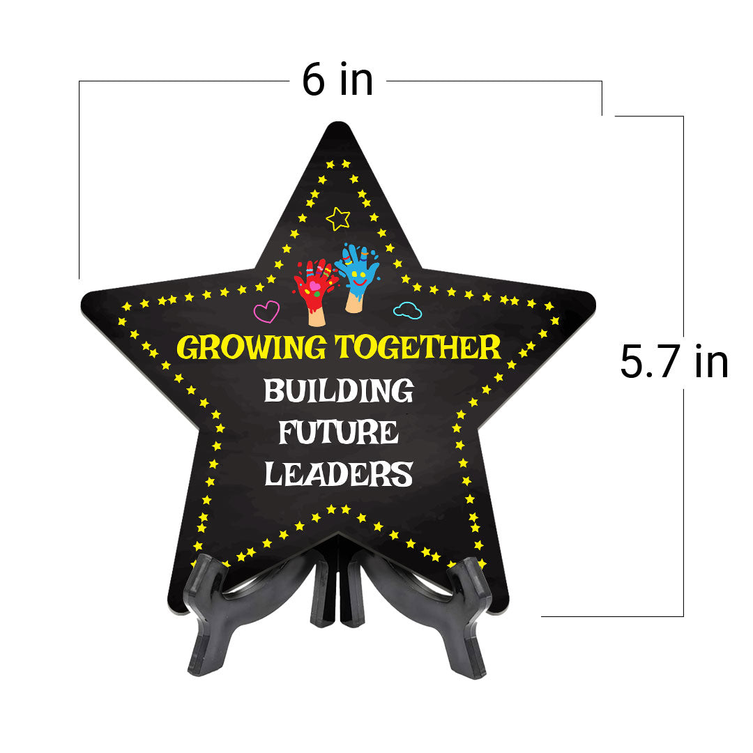 Sign ByLITA Growing Together: Building Future Leaders Star Table Sign with Acrylic Stand (7.5x7.5“) Development | Kindergarten Classroom Essentials | Nurture Young Minds | Fun & Educational Supplies | Easy to Read | Includes Easel Stand