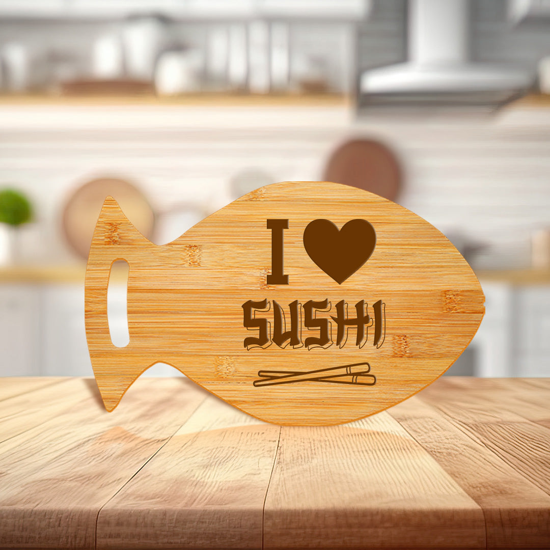 I Love Sushi 14 x 8.5" Fish Shape Cutting Board | Decorative Kitchen Accessory For Sushi Lovers