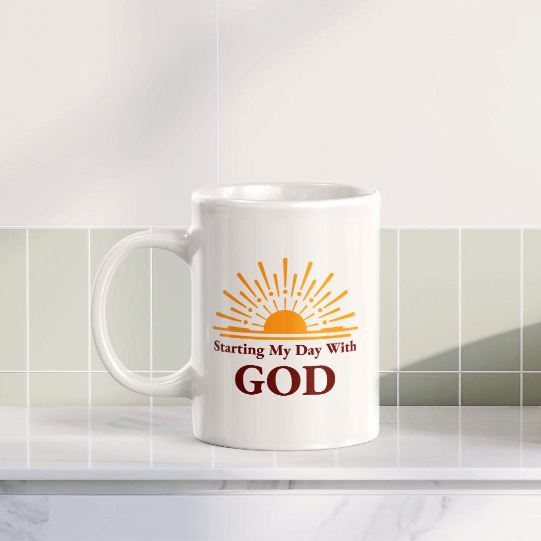 Starting My Day With God 11oz Plastic/Ceramic Coffee Mug Office And Home | Religious Sayings | Family And Friends