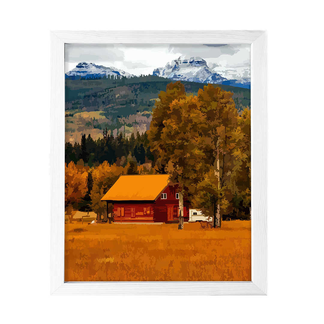 Rustic Fall Mountain Farm Scene Framed Wall Print Easy Installation | Farm Lifestyle | Stylish Modern Decoration For The Home and Officer