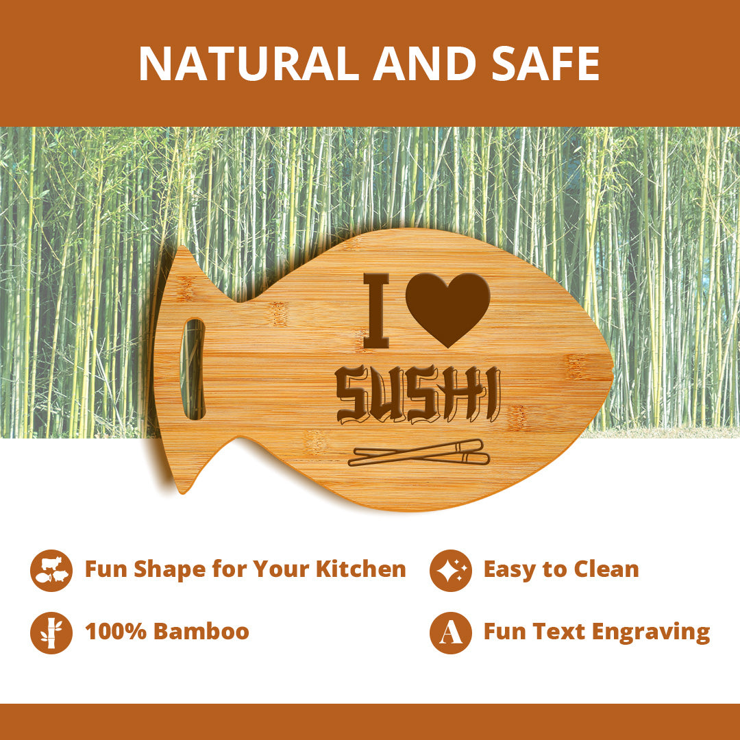 I Love Sushi 14 x 8.5" Fish Shape Cutting Board | Decorative Kitchen Accessory For Sushi Lovers