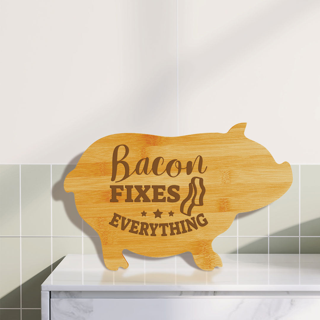 Bacon fixes everything (13.75 x 8.75") Pig Shape Cutting Board | Funny Decorative Kitchen Chopping Board