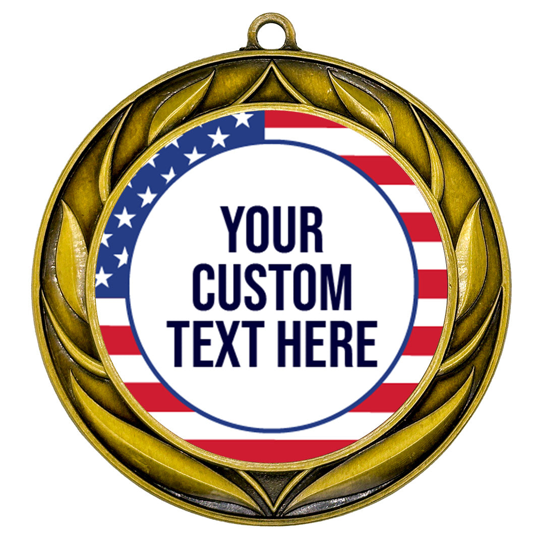 USA Flag Custom Personalized Wreath Design Medal | Choice of Ribbon | Patriotic Personalized Award