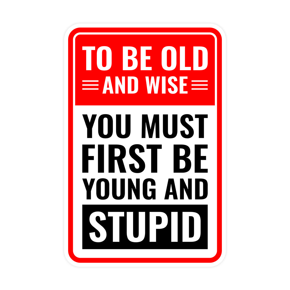 Portrait Round Plus To Be Old And Wise You Must First Be Young And Stupid Wall or Door Sign | Easy Installation | Funny Novelty Imitation Warning Signs