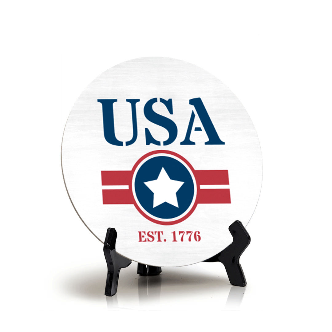 USA est. 1776 (5 x 5“) Circle Table Sign with Acrylic Stand | American Pride Decoration