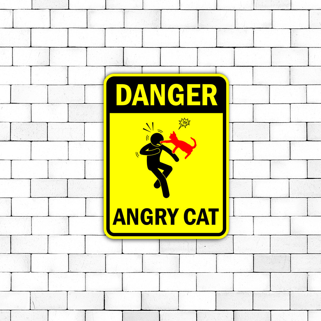 Portrait Round Plus Danger Angry Cat Door or Wall Sign | Funny Warning Sign For Decoration