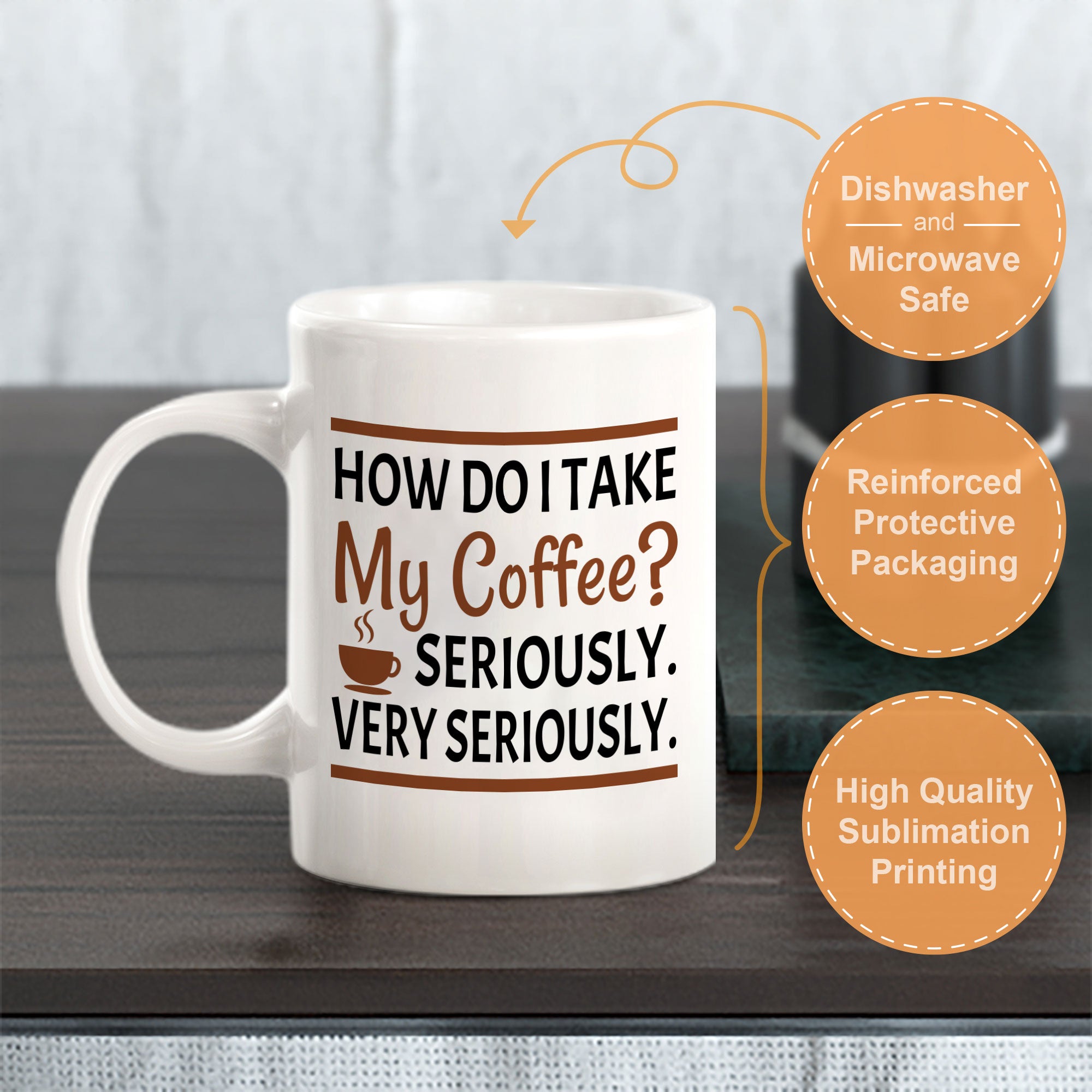 How Do I Take My Coffee? Seriously. Very Seriously. 11oz Plastic or Ceramic Mug | Funny Novelty Cup