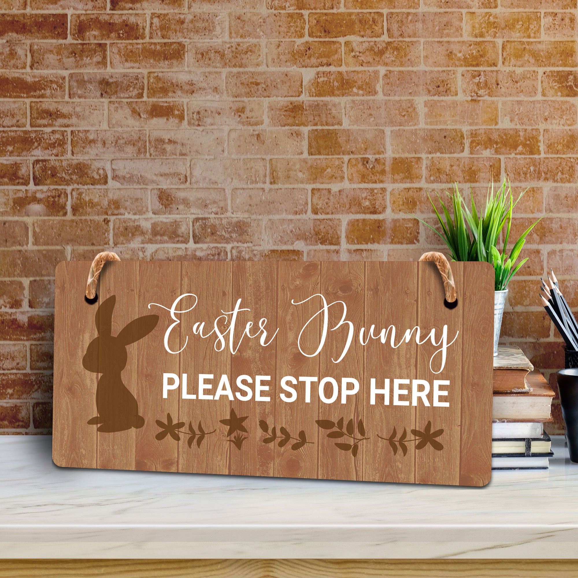 Easter Bunny Please Stop Here 5x10 Hanging Wall or Door Sign | Funny Religious Home Decor