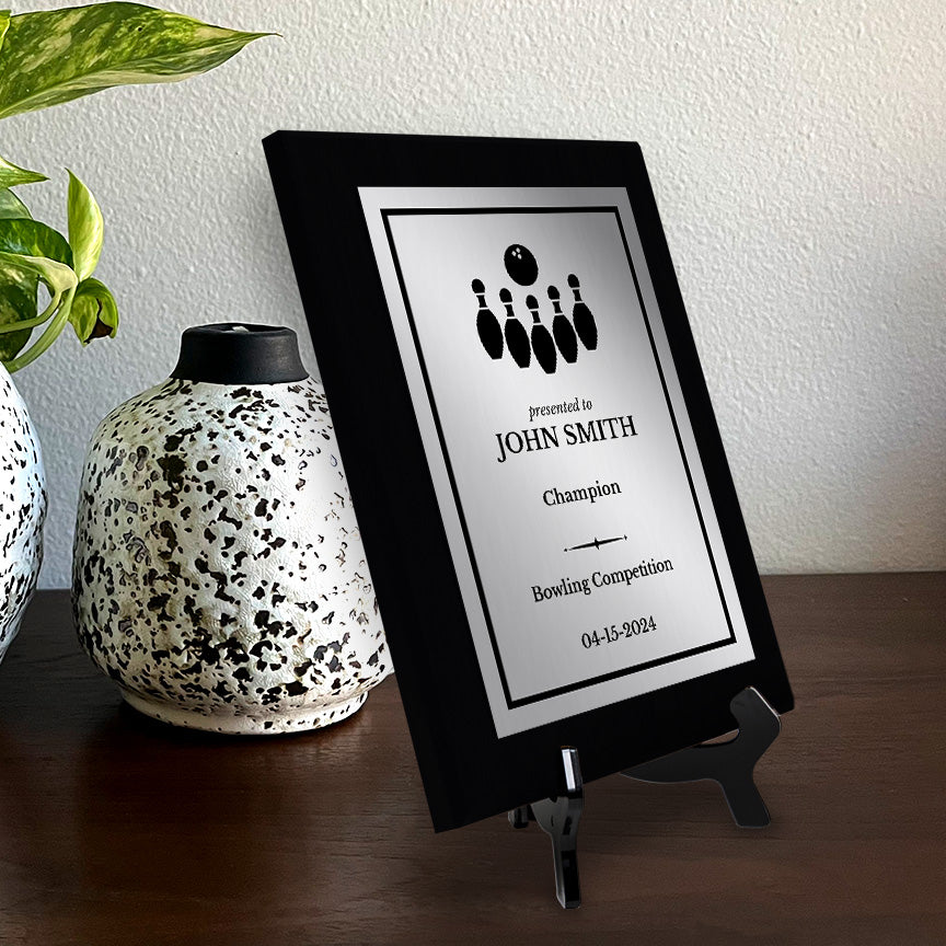 Bowling Customizable Black Frame Wooden Award Plaque | Easel Mount Option | Achievement and Recognition Personalizable Plaques