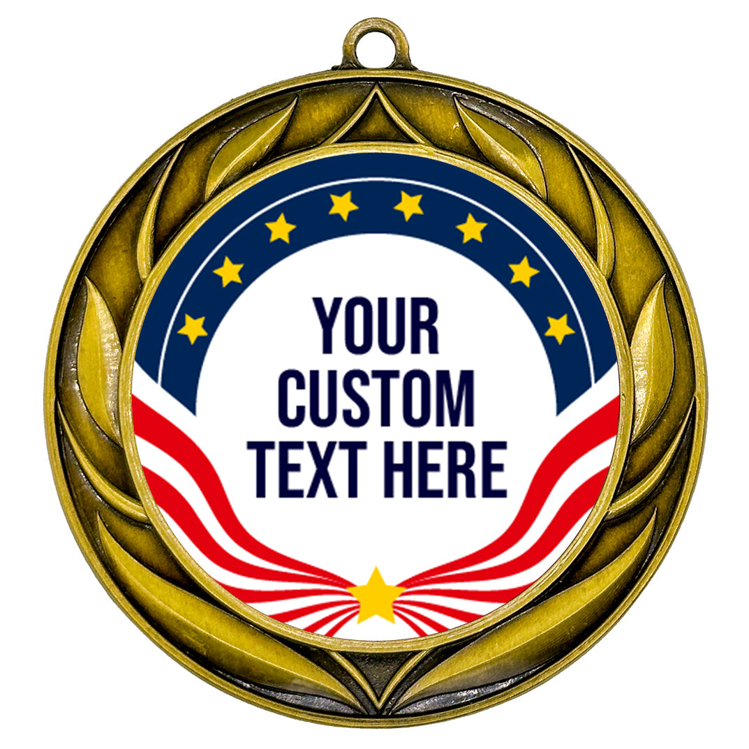 Gold Star Custom Personalized Wreath Design Medal | Choice of Ribbon | USA Flag Personalized Award