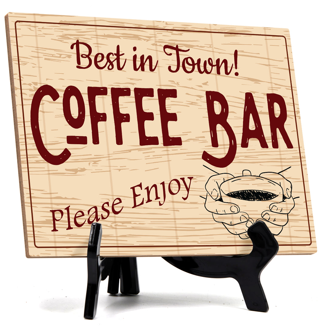 Signs ByLita Best in Town Coffee Bar Please Enjoy, Rustic Table Sign With Acrylic Stand (8 x 6")