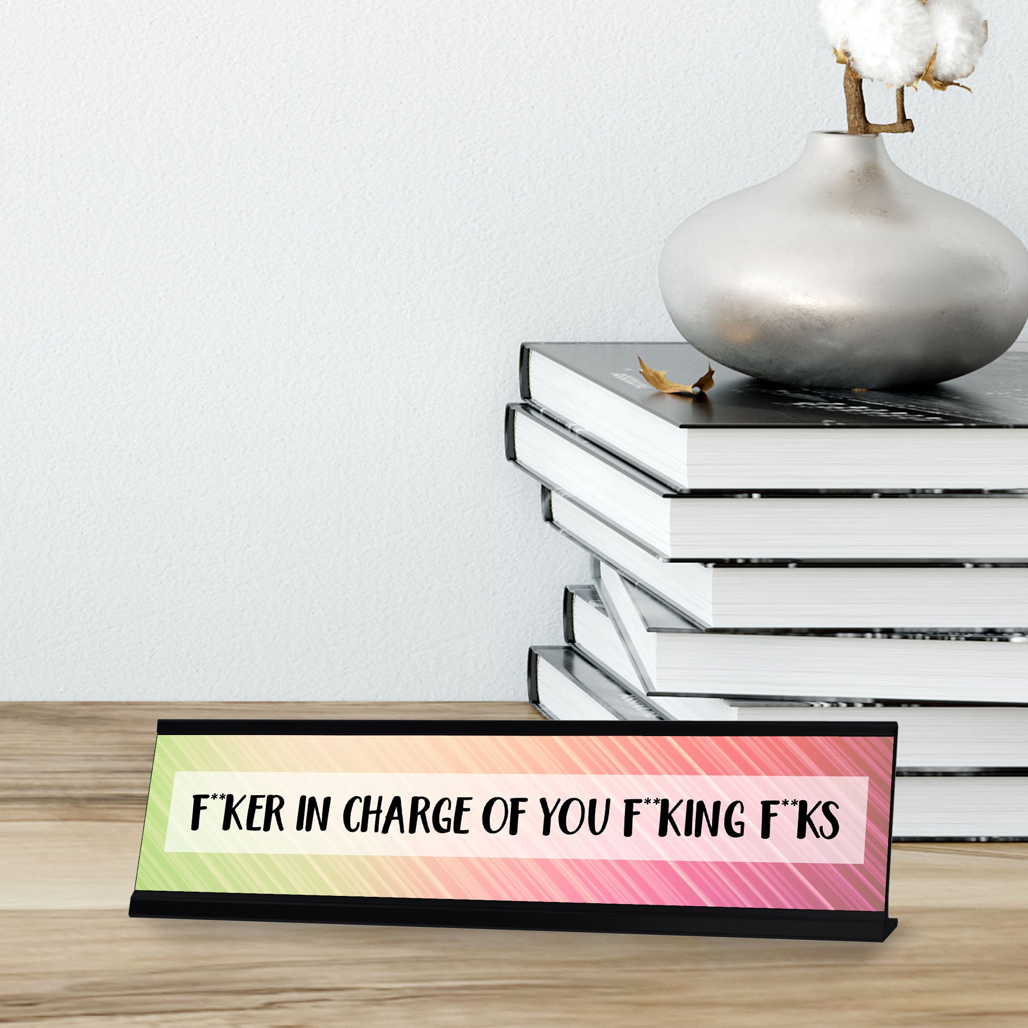 Fcker in Charge of You Fcking Fcks, Green and Pink Rays Desk Sign (2 x 8")