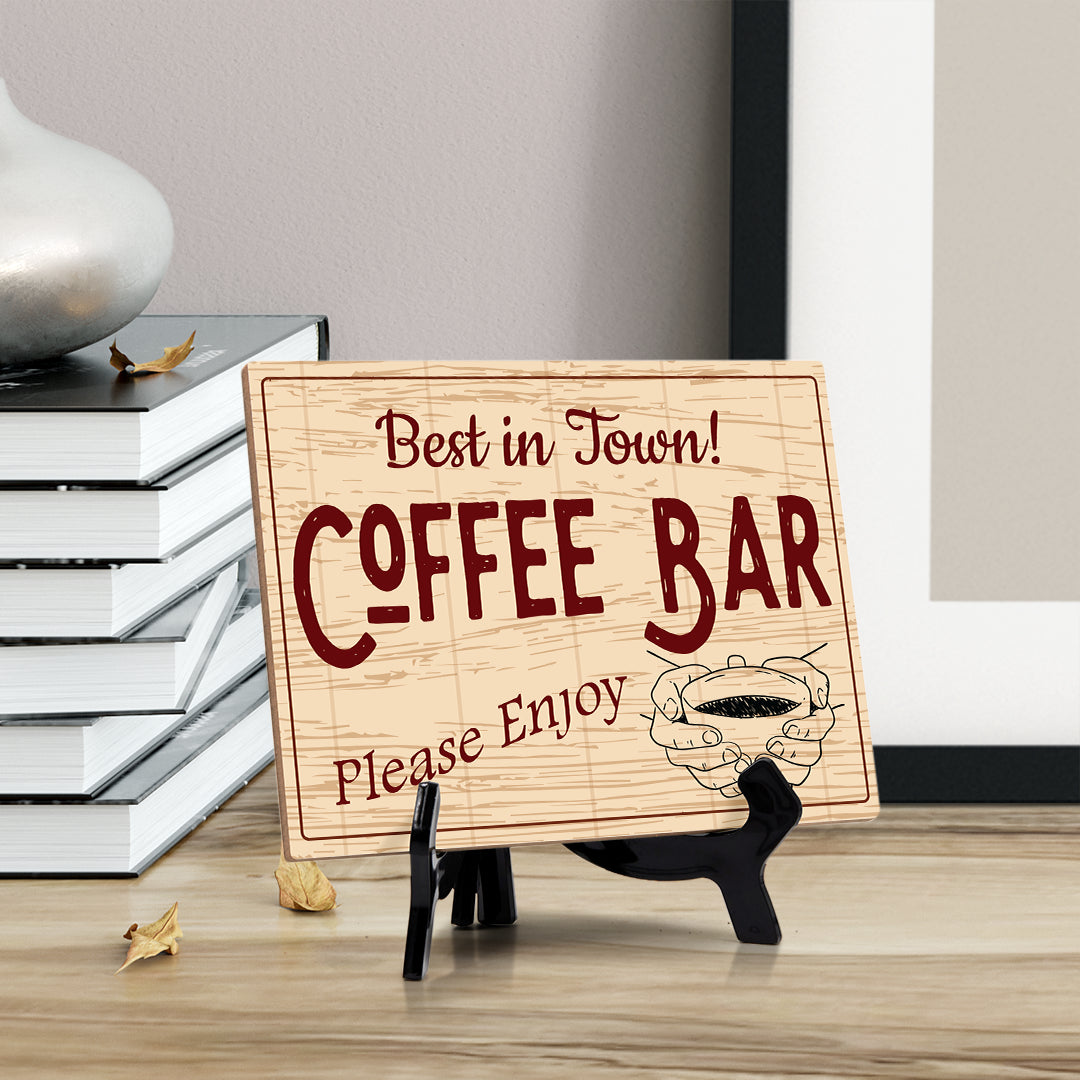 Signs ByLita Best in Town Coffee Bar Please Enjoy, Rustic Table Sign With Acrylic Stand (8 x 6")