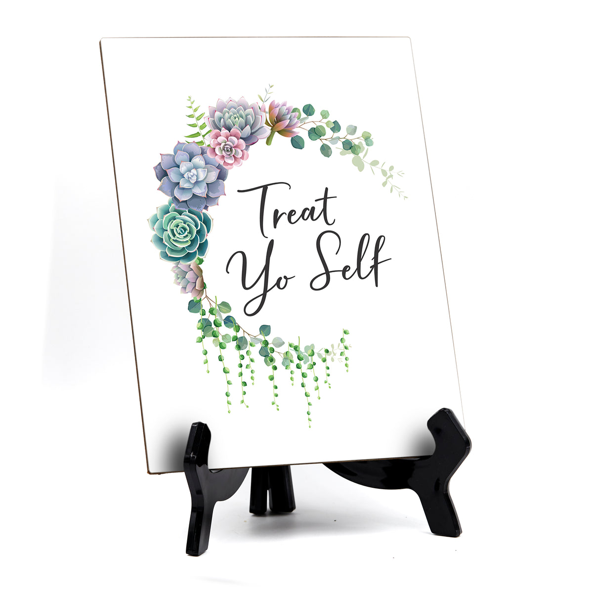 Treat Yo Self Table Sign with Easel, Floral Crescent Design (6 x 8")