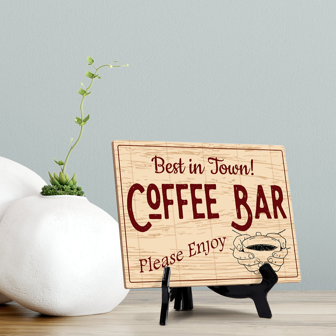 Signs ByLita Best in Town Coffee Bar Please Enjoy, Rustic Table Sign With Acrylic Stand (8 x 6")