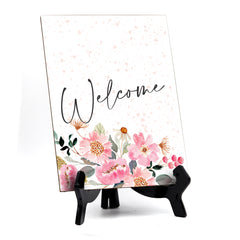 Welcome Table Sign with Easel, Floral Watercolor Design (6" x 8")